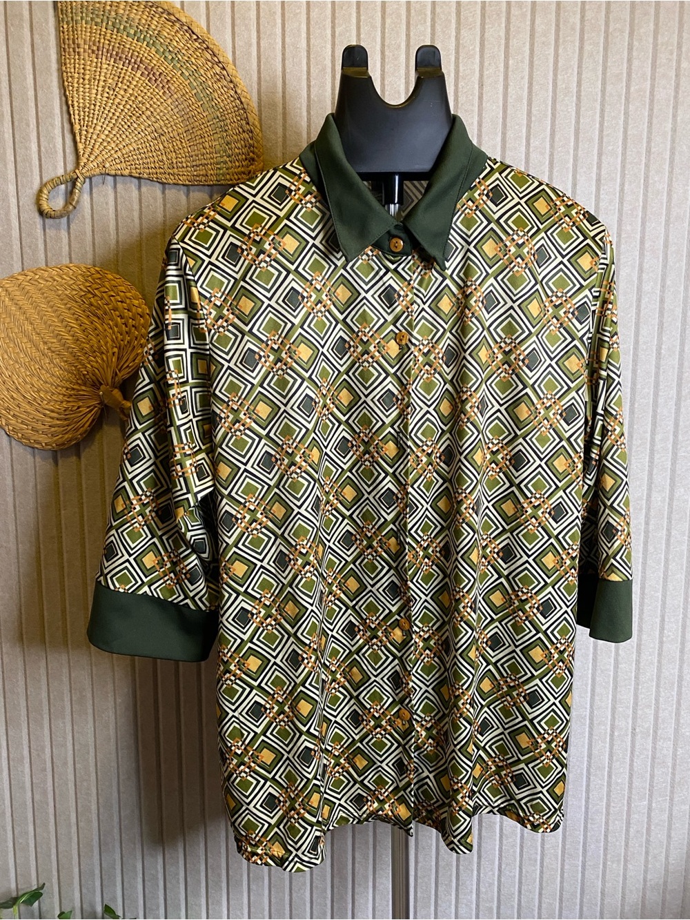 VTG  'L.A 405’ Men's 70s Geometric Print Polyester Disco Mod Shirt Size 2XL